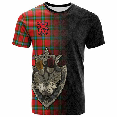 Scottish MacLaine of Loch Buie Clan Tartan T-Shirt - Half Thistle Flowers Celtic Design Front Side Tartan Plaid