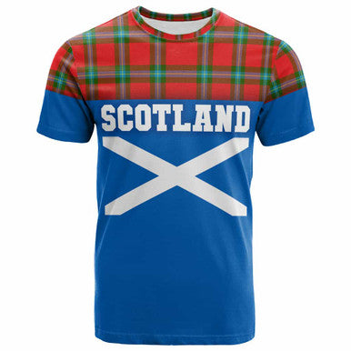 Scottish MacLaine of Loch Buie Clan Tartan T-Shirt - Lion Rampant of Scotland With Flag Front Side Tartan Plaid