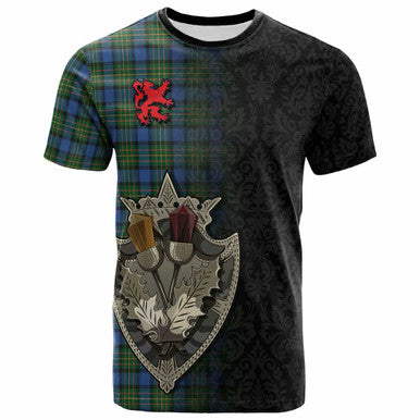 Scottish MacLaren Ancient Clan Tartan T-Shirt - Half Thistle Flowers Celtic Design Front Side Tartan Plaid