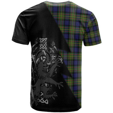Scottish MacLaren Clan Crest Tartan T-Shirt - Lion Rampant Celtic Cross Flash Style Back Side Tartan Plaid