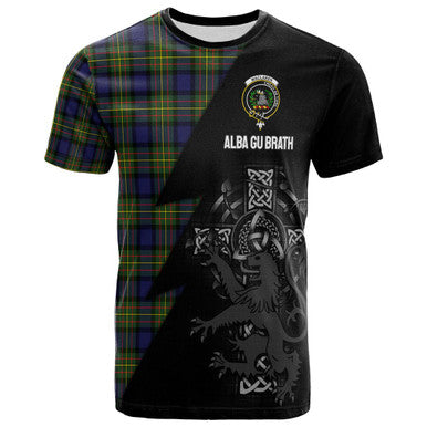 Scottish MacLaren Clan Crest Tartan T-Shirt - Lion Rampant Celtic Cross Flash Style Front Side Tartan Plaid