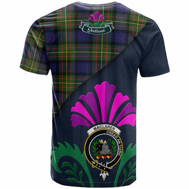 Scottish MacLaren Clan Crest Tartan T-Shirt - Scotland Thistle Style Back Side Tartan Plaid