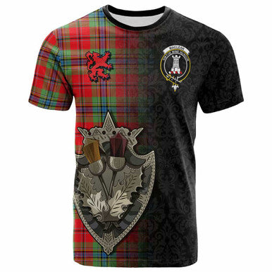 Scottish MacLean Clan Crest Tartan T-Shirt - Half Thistle Flowers Celtic Design Front Side Tartan Plaid