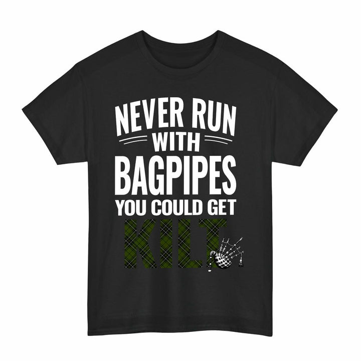 Scottish MacLean Hunting Clan Tartan Never Run With Bagpipes T-Shirt Tartan Plaid Black Color