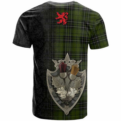 Scottish MacLean Hunting Clan Tartan T-Shirt - Half Thistle Flowers Celtic Design Back Side Tartan Plaid