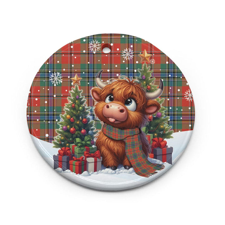 Scottish MacLean of Duart Ancient Clan Tartan Ceramic Ornament Cute Highland Cow Christmas Circle Style Tartan Plaid