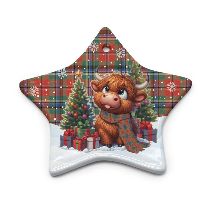 Scottish MacLean of Duart Ancient Clan Tartan Ceramic Ornament Cute Highland Cow Christmas Star Style Tartan Plaid