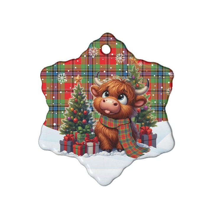 Scottish MacLean of Duart Modern Clan Tartan Ceramic Ornament Cute Highland Cow Christmas Snow Flake Style Tartan Plaid
