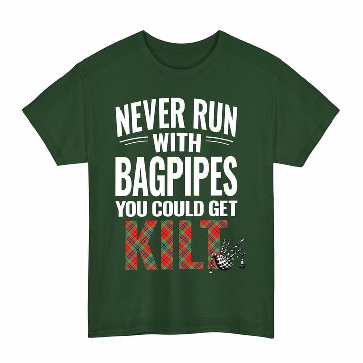 Scottish MacLean of Duart Modern Clan Tartan Never Run With Bagpipes T-Shirt Tartan Plaid Forest Green Color