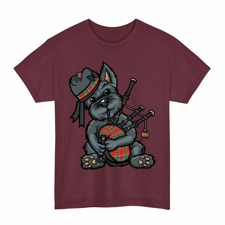 Scottish MacLean of Duart Modern Clan Tartan Terrier Bagpipes T-Shirt Tartan Plaid Maroon Color