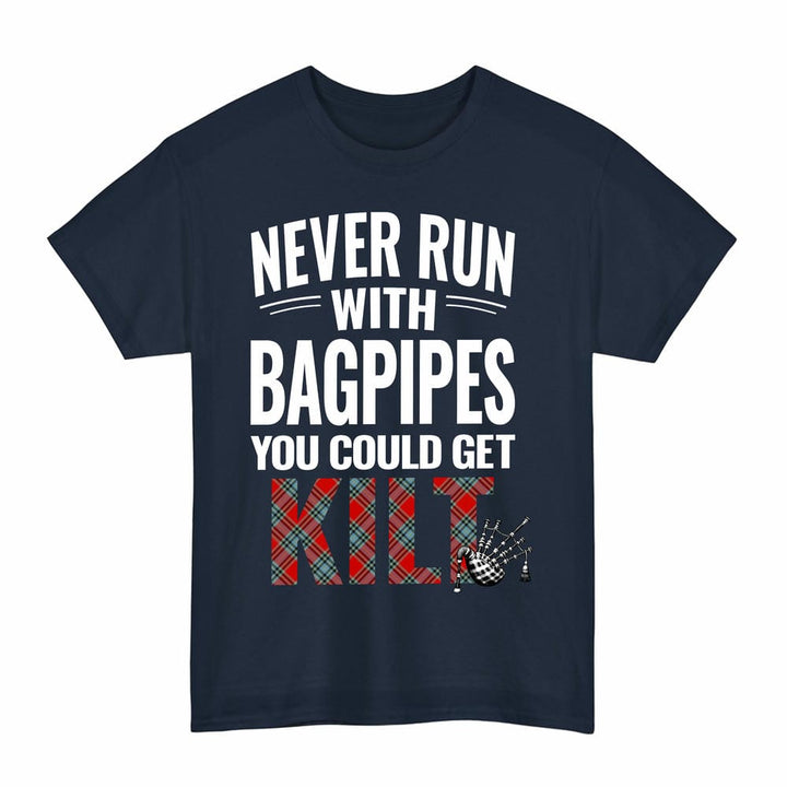 Scottish MacLeay Clan Tartan Never Run With Bagpipes T-Shirt Tartan Plaid Navy Color