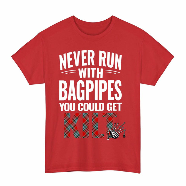 Scottish MacLeay Clan Tartan Never Run With Bagpipes T-Shirt Tartan Plaid Red Color