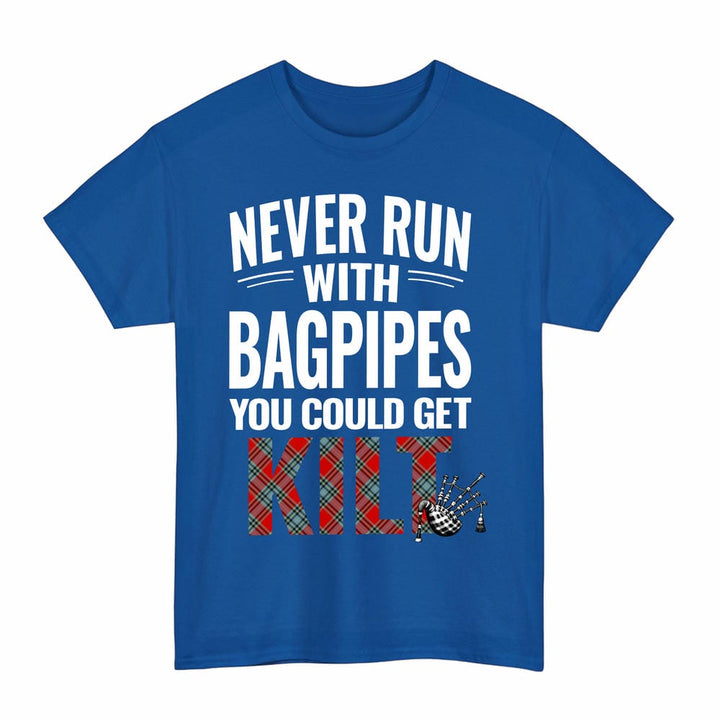 Scottish MacLeay Clan Tartan Never Run With Bagpipes T-Shirt Tartan Plaid Royal Color
