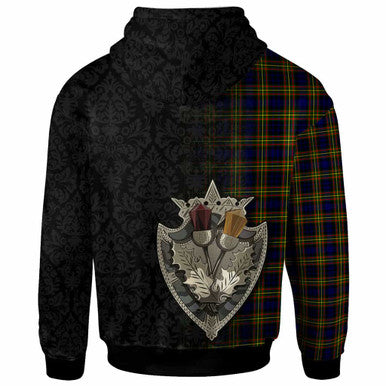 Scottish MacLellan Clan Crest Tartan Hoodie - Half Thistle Flowers Celtic Design Back Side Tartan Plaid