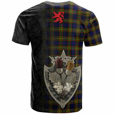 Scottish MacLellan Clan Crest Tartan T-Shirt - Half Thistle Flowers Celtic Design Back Side Tartan Plaid