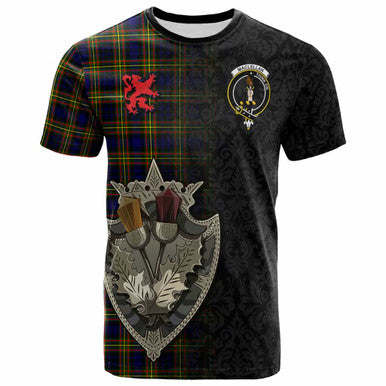 Scottish MacLellan Clan Crest Tartan T-Shirt - Half Thistle Flowers Celtic Design Front Side Tartan Plaid