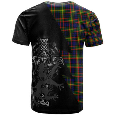 Scottish MacLellan Clan Crest Tartan T-Shirt - Lion Rampant Celtic Cross Flash Style Back Side Tartan Plaid