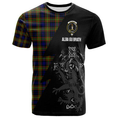 Scottish MacLellan Clan Crest Tartan T-Shirt - Lion Rampant Celtic Cross Flash Style Front Side Tartan Plaid