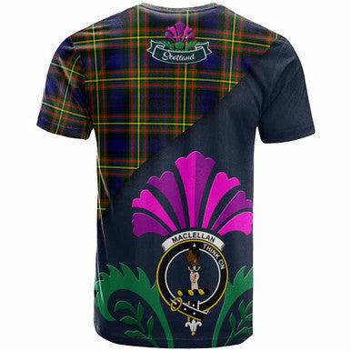 Scottish MacLellan Clan Crest Tartan T-Shirt - Scotland Thistle Style Back Side Tartan Plaid
