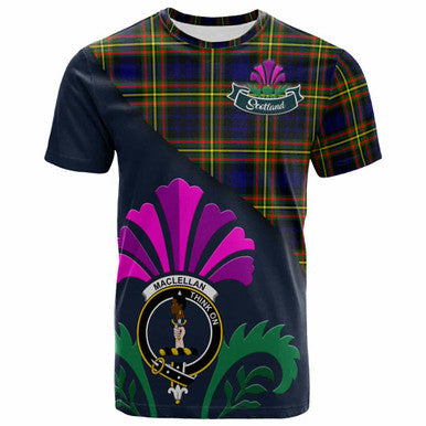Scottish MacLellan Clan Crest Tartan T-Shirt - Scotland Thistle Style Front Side Tartan Plaid