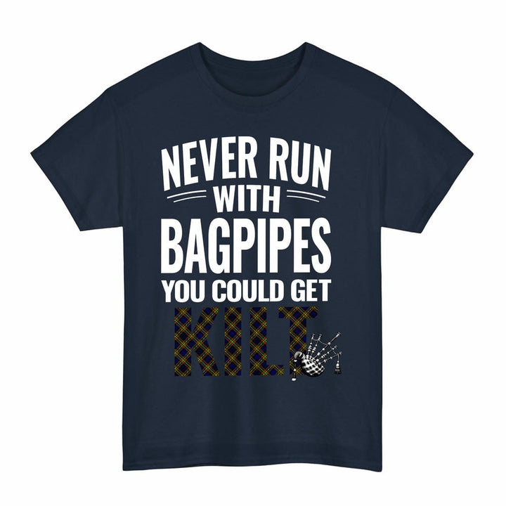 Scottish MacLellan Modern Clan Tartan Never Run With Bagpipes T-Shirt Tartan Plaid Navy Color
