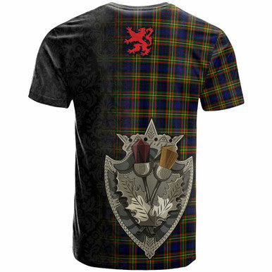 Scottish MacLellan Modern Clan Tartan T-Shirt - Half Thistle Flowers Celtic Design Back Side Tartan Plaid