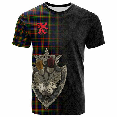 Scottish MacLellan Modern Clan Tartan T-Shirt - Half Thistle Flowers Celtic Design Front Side Tartan Plaid