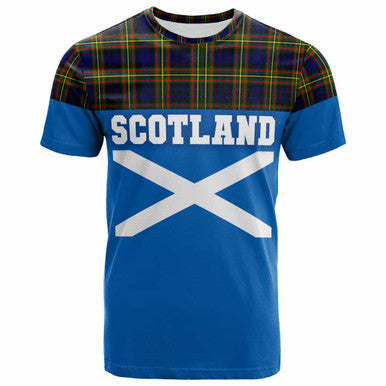 Scottish MacLellan Modern Clan Tartan T-Shirt - Lion Rampant of Scotland With Flag Front Side Tartan Plaid
