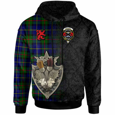 Scottish MacLeod of Lewis Clan Crest Tartan Hoodie - Half Thistle Flowers Celtic Design Front Side Tartan Plaid