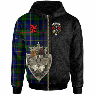 Scottish MacLeod of Lewis Clan Crest Tartan Hoodie - Half Thistle Flowers Celtic Design Zip-up Tartan Plaid