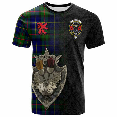 Scottish MacLeod of Lewis Clan Crest Tartan T-Shirt - Half Thistle Flowers Celtic Design Front Side Tartan Plaid