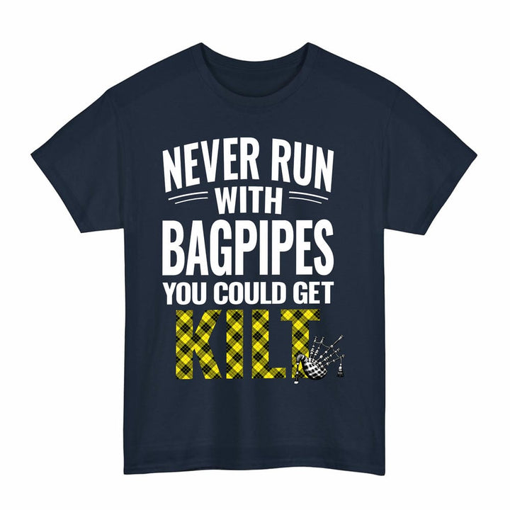 Scottish MacLeod of Lewis Modern Clan Tartan Never Run With Bagpipes T-Shirt Tartan Plaid Navy Color