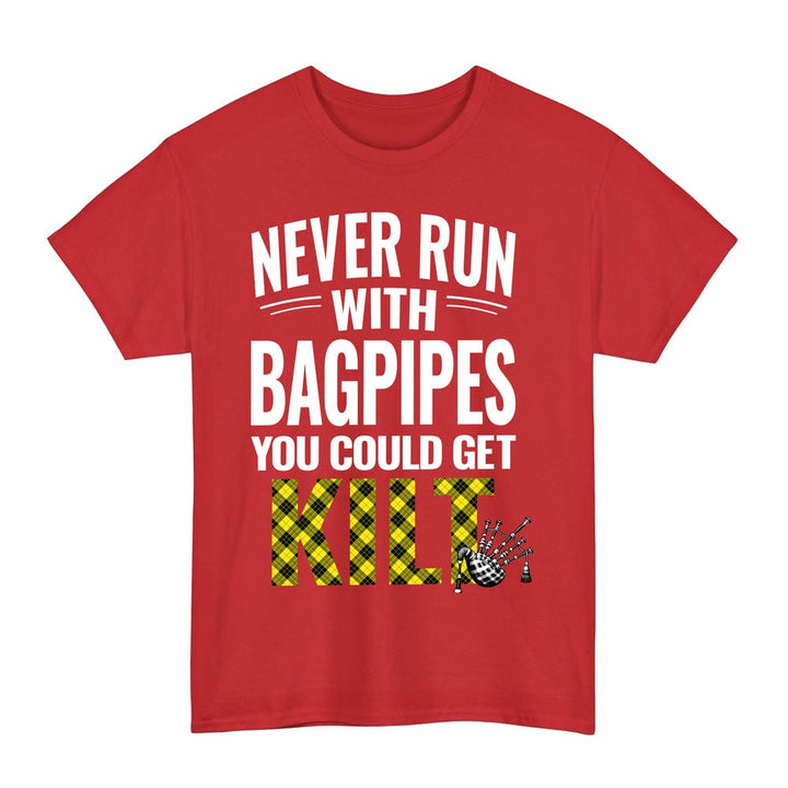 Scottish MacLeod of Lewis Modern Clan Tartan Never Run With Bagpipes T-Shirt Tartan Plaid Red Color