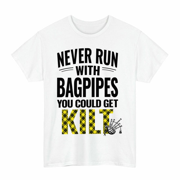 Scottish MacLeod of Lewis Modern Clan Tartan Never Run With Bagpipes T-Shirt Tartan Plaid White Color