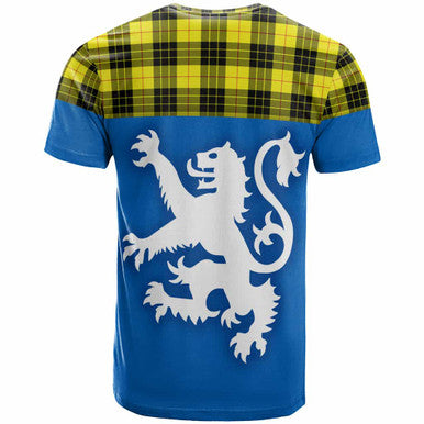 Scottish MacLeod of Lewis Modern Clan Tartan T-Shirt - Lion Rampant of Scotland With Flag Back Side Tartan Plaid