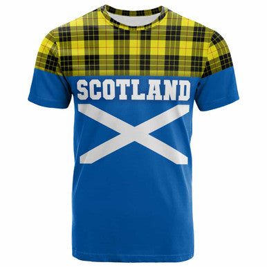 Scottish MacLeod of Lewis Modern Clan Tartan T-Shirt - Lion Rampant of Scotland With Flag Front Side Tartan Plaid