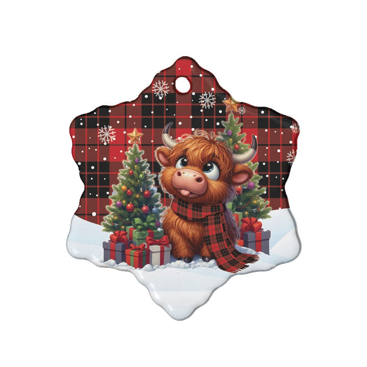 Scottish MacLeod of Raasay Clan Tartan Ceramic Ornament Cute Highland Cow Christmas Snow Flake Style Tartan Plaid