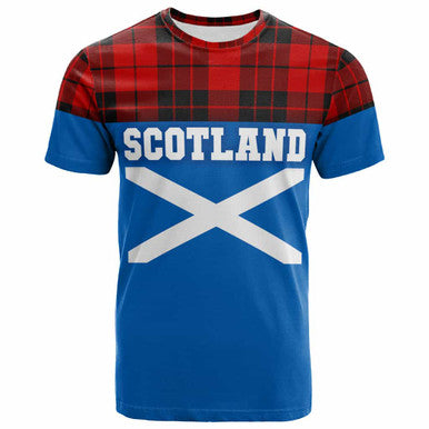 Scottish MacLeod of Raasay Clan Tartan T-Shirt - Lion Rampant of Scotland With Flag Front Side Tartan Plaid