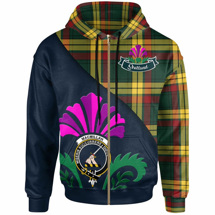 Scottish MacMillan Clan Crest Tartan Hoodie - Scotland Thistle Style Zip-up Tartan Plaid
