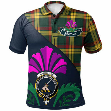 Scottish MacMillan Clan Crest Tartan Polo Shirt - Scotland Thistle Style Front Side Tartan Plaid