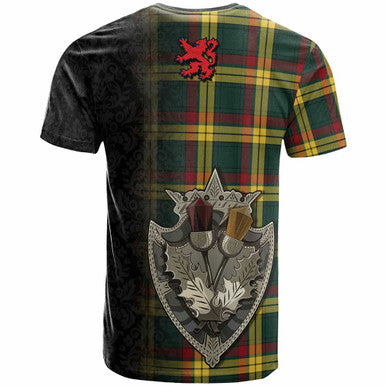 Scottish MacMillan Clan Crest Tartan T-Shirt - Half Thistle Flowers Celtic Design Back Side Tartan Plaid
