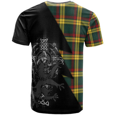 Scottish MacMillan Clan Crest Tartan T-Shirt - Lion Rampant Celtic Cross Flash Style Back Side Tartan Plaid