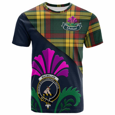 Scottish MacMillan Clan Crest Tartan T-Shirt - Scotland Thistle Style Front Side Tartan Plaid