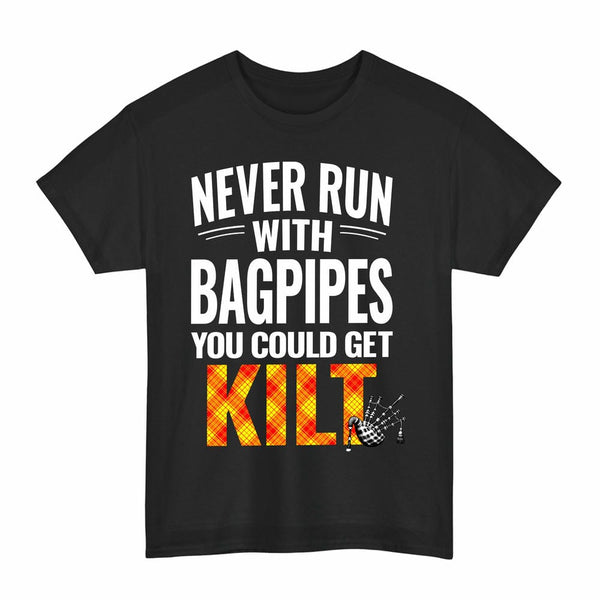 Scottish MacMillan Clan Tartan Never Run With Bagpipes T-Shirt Tartan Plaid Black Color