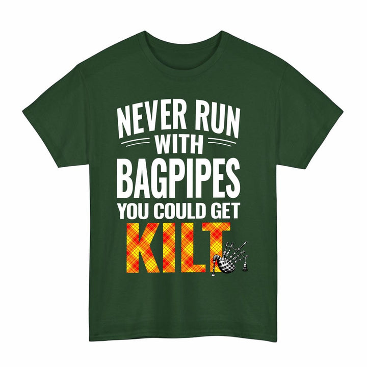 Scottish MacMillan Clan Tartan Never Run With Bagpipes T-Shirt Tartan Plaid Forest Green Color