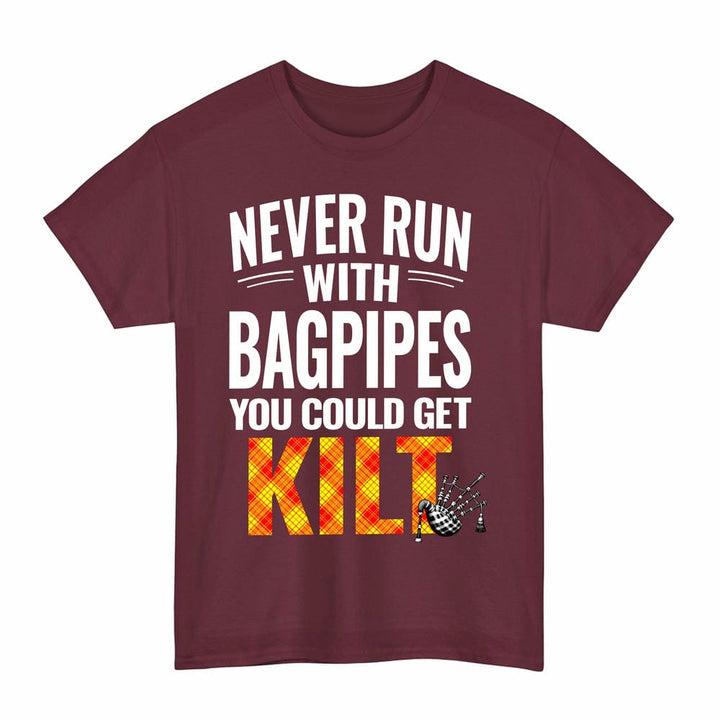 Scottish MacMillan Clan Tartan Never Run With Bagpipes T-Shirt Tartan Plaid Maroon Color