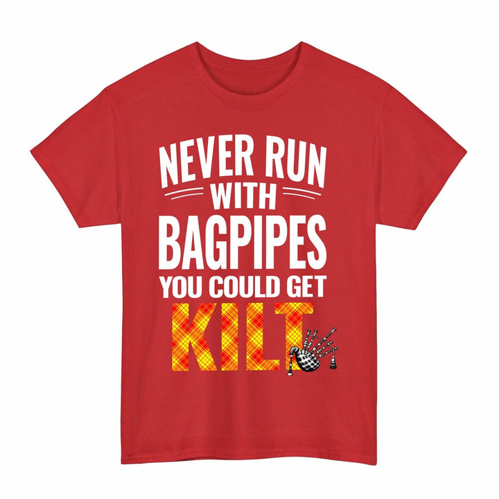 Scottish MacMillan Clan Tartan Never Run With Bagpipes T-Shirt Tartan Plaid Red Color