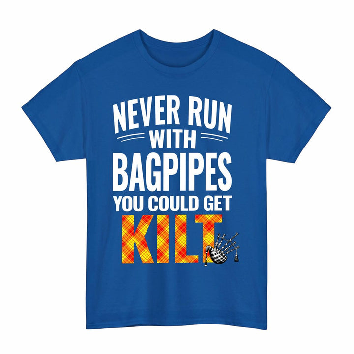 Scottish MacMillan Clan Tartan Never Run With Bagpipes T-Shirt Tartan Plaid Royal Color