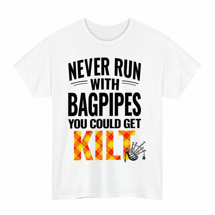Scottish MacMillan Clan Tartan Never Run With Bagpipes T-Shirt Tartan Plaid White Color
