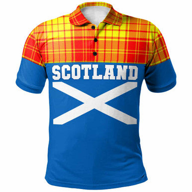 Scottish MacMillan Clan Tartan Polo Shirt - Lion Rampant of Scotland With Flag Front Side Tartan Plaid